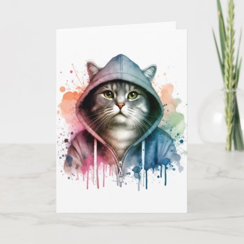 Watercolor Artwork Tabby Cat in a Hoodie Splatter Card