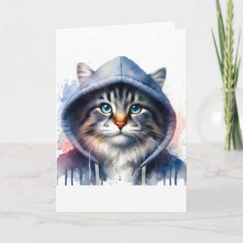Watercolor Artwork Tabby Cat in a Hoodie Splatter Card