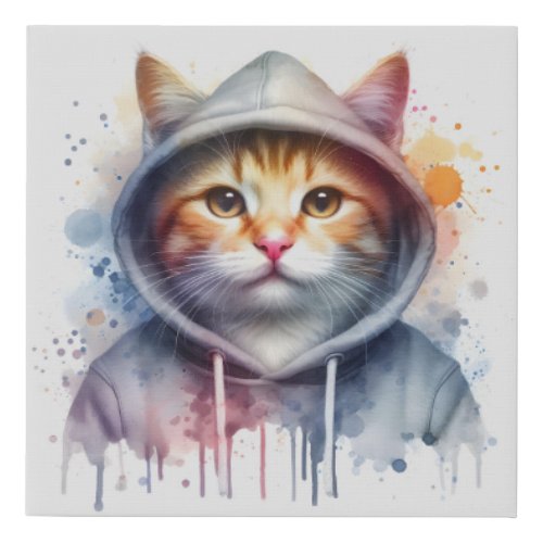 Watercolor Artwork Tabby Cat in a Hoodie Splatter Faux Canvas Print