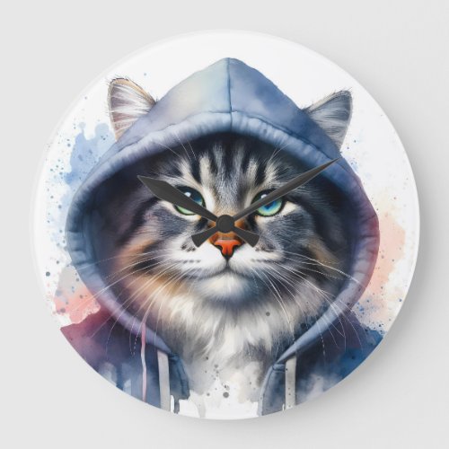 Watercolor Artwork Tabby Cat in a Hoodie Splatter Large Clock