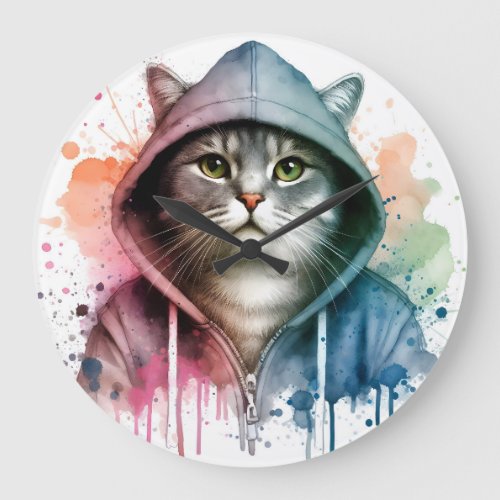 Watercolor Artwork Tabby Cat in a Hoodie Splatter Large Clock