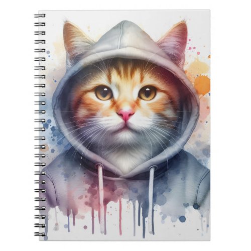 Watercolor Artwork Tabby Cat in a Hoodie Splatter Notebook