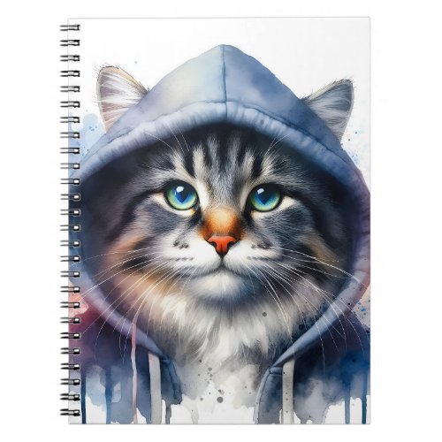 Watercolor Artwork Tabby Cat in a Hoodie Splatter Notebook