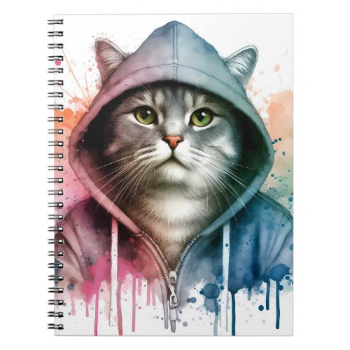 Watercolor Artwork Tabby Cat in a Hoodie Splatter Notebook