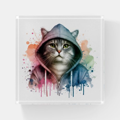 Watercolor Artwork Tabby Cat in a Hoodie Splatter Paperweight