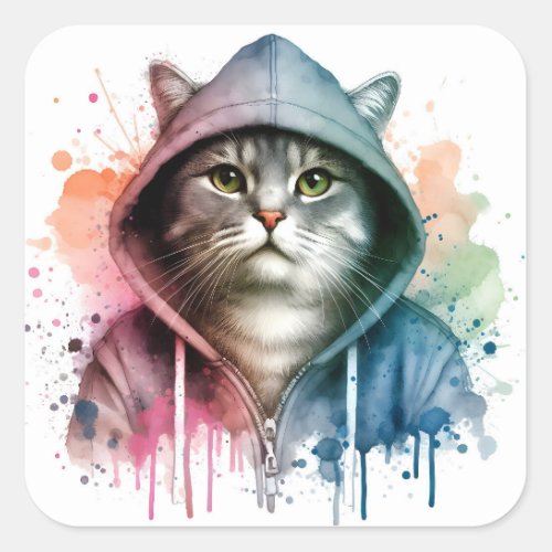 Watercolor Artwork Tabby Cat in a Hoodie Splatter Square Sticker