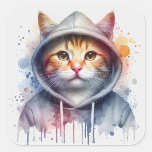 Watercolor Artwork Tabby Cat in a Hoodie Splatter Square Sticker