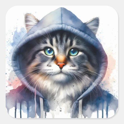 Watercolor Artwork Tabby Cat in a Hoodie Splatter Square Sticker