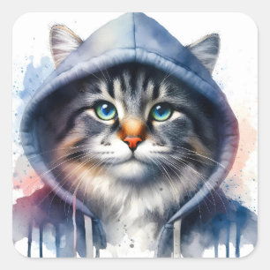 Watercolor Artwork Tabby Cat in a Hoodie Splatter Square Sticker