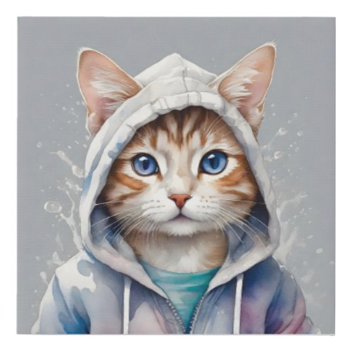 Watercolor Artwork Tabby Cat Tan Hoodie Splatter Faux Canvas Print
