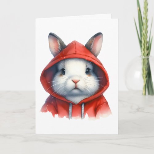 Watercolor Artwork White Rabbit in a Red Hoodie  Card