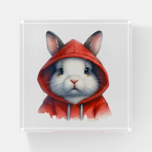 Watercolor Artwork White Rabbit in a Red Hoodie  Paperweight