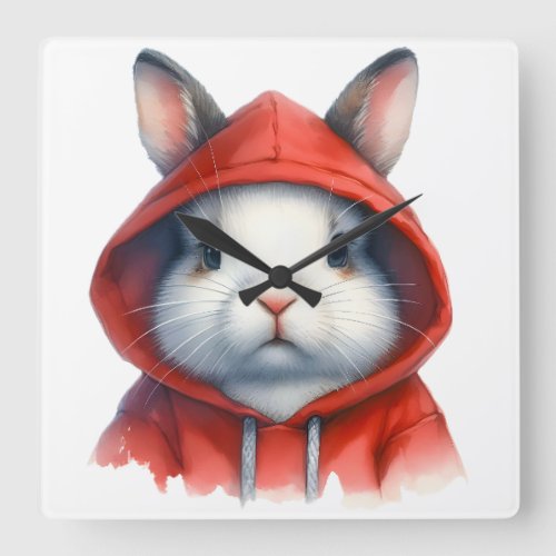 Watercolor Artwork White Rabbit in a Red Hoodie  Square Wall Clock