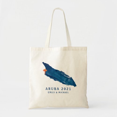 Watercolor Aruba Blue Map with Sun Orange Palm Tre Tote Bag