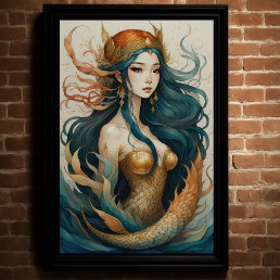 Watercolor Asian Mermaid Goddess Poster