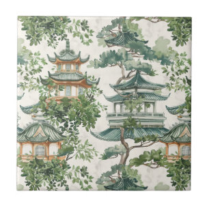 Watercolor Asian Pagoda in Verdant Landscape (10) Ceramic Tile