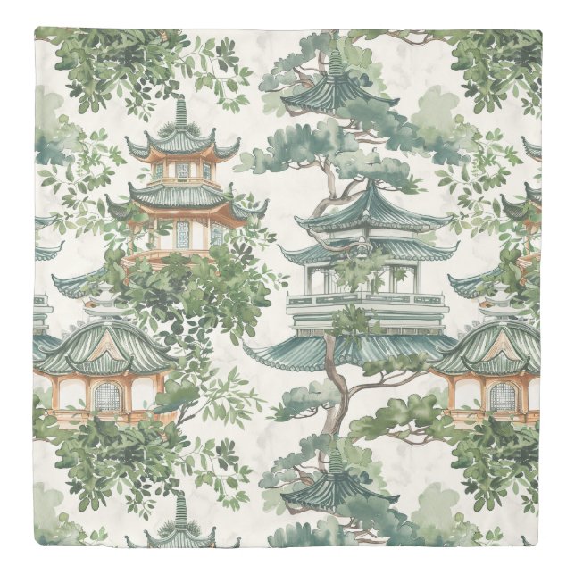 Watercolor Asian Pagoda in Verdant Landscape (10) Duvet Cover (Front)