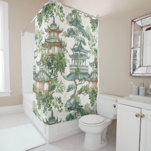 Watercolor Asian Pagoda in Verdant Landscape (10) Shower Curtain