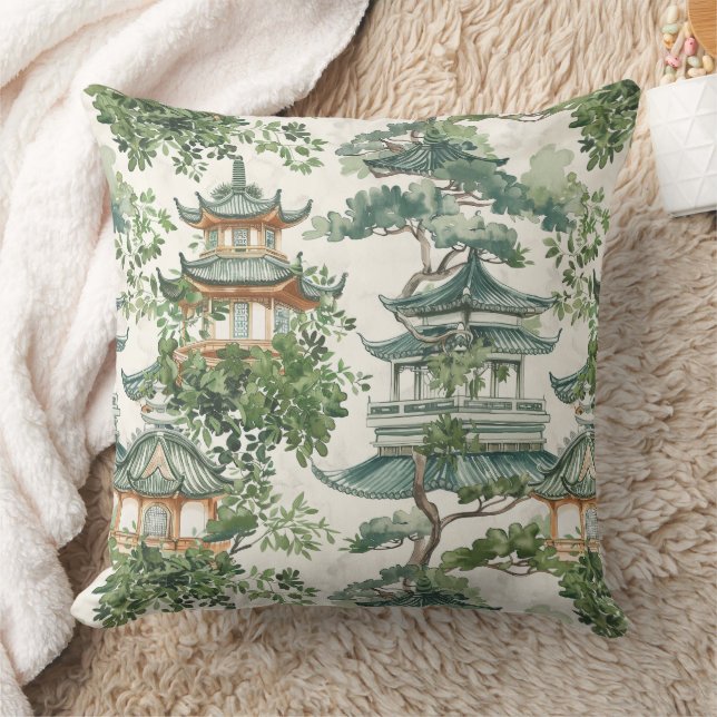 Watercolor Asian Pagoda in Verdant Landscape (10) Throw Pillow (Blanket)