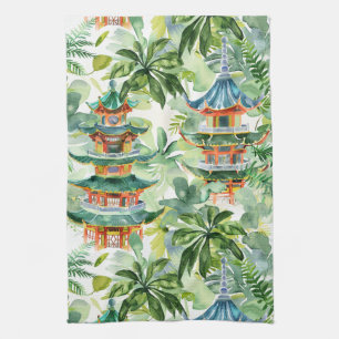 Watercolor Asian Pagoda in Verdant Landscape (11) Kitchen Towel