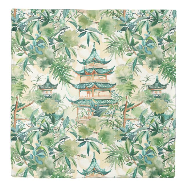 Watercolor Asian Pagoda in Verdant Landscape (12) Duvet Cover (Front)