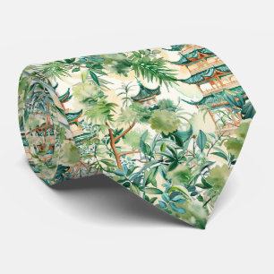 Watercolor Asian Pagoda in Verdant Landscape (12) Neck Tie