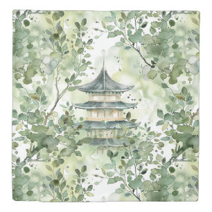 Watercolor Asian Pagoda in Verdant Landscape (13) Duvet Cover