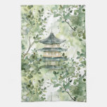 Watercolor Asian Pagoda in Verdant Landscape (13) Kitchen Towel