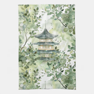 Watercolor Asian Pagoda in Verdant Landscape (13) Kitchen Towel