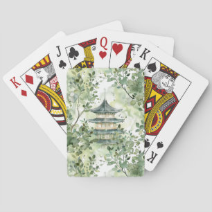 Watercolor Asian Pagoda in Verdant Landscape (13) Poker Cards