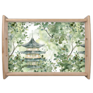 Watercolor Asian Pagoda in Verdant Landscape (13) Serving Tray