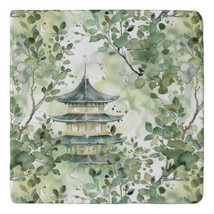 Watercolor Asian Pagoda in Verdant Landscape (13) Trivet