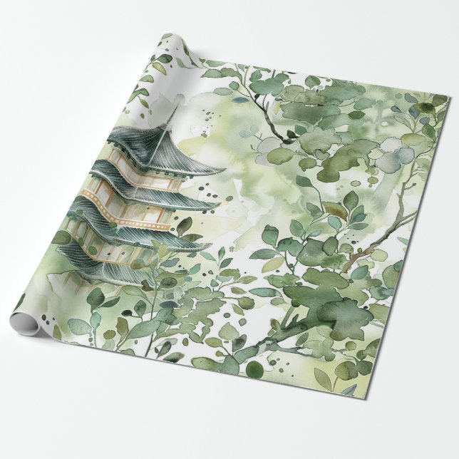 Watercolor Asian Pagoda in Verdant Landscape (13) Wrapping Paper (Unrolled)