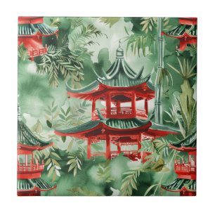 Watercolor Asian Pagoda in Verdant Landscape (14) Ceramic Tile