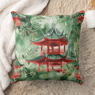 Watercolor Asian Pagoda in Verdant Landscape (14) Throw Pillow