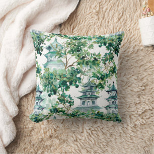 Watercolor Asian Pagoda in Verdant Landscape (15) Throw Pillow