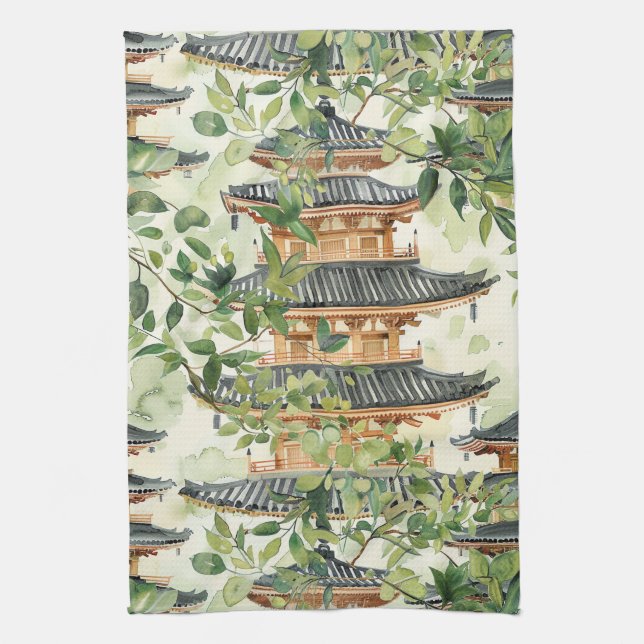 Watercolor Asian Pagoda in Verdant Landscape (16) Kitchen Towel (Vertical)