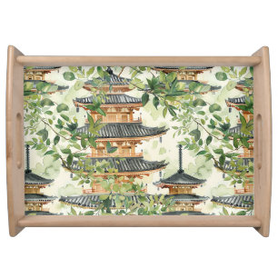 Watercolor Asian Pagoda in Verdant Landscape (16) Serving Tray