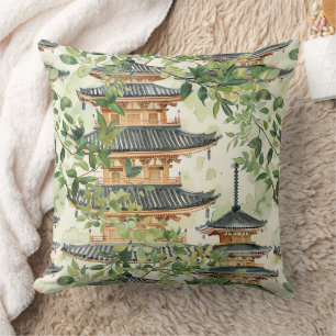 Watercolor Asian Pagoda in Verdant Landscape (16) Throw Pillow