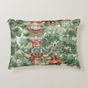Watercolor Asian Pagoda in Verdant Landscape (17) Accent Pillow