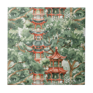 Watercolor Asian Pagoda in Verdant Landscape (17) Ceramic Tile