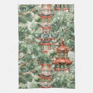 Watercolor Asian Pagoda in Verdant Landscape (17) Kitchen Towel
