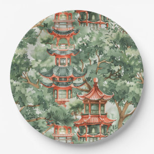 Watercolor Asian Pagoda in Verdant Landscape (17) Paper Plates