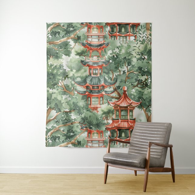 Watercolor Asian Pagoda in Verdant Landscape (17) Tapestry (In Situ)