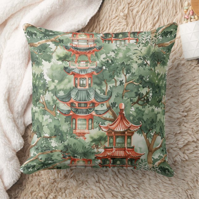 Watercolor Asian Pagoda in Verdant Landscape (17) Throw Pillow (Blanket)