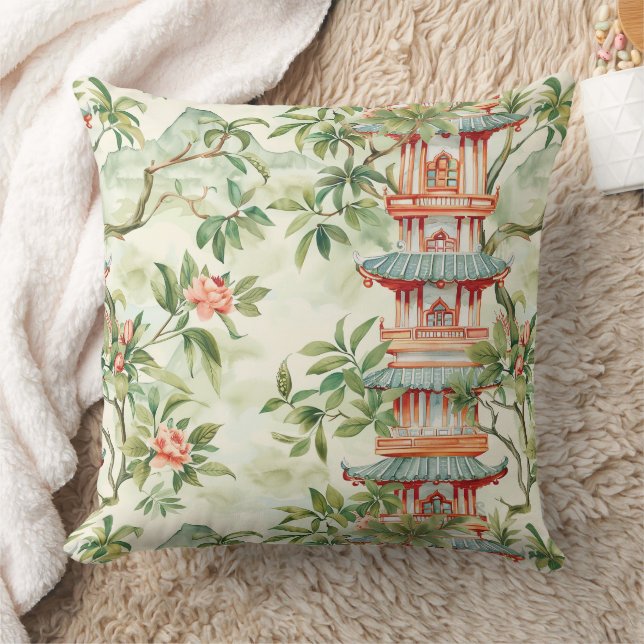 Watercolor Asian Pagoda in Verdant Landscape (1) Throw Pillow (Blanket)