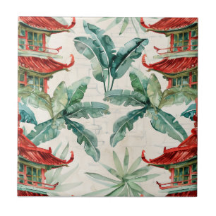 Watercolor Asian Pagoda in Verdant Landscape (2) Ceramic Tile
