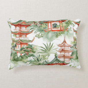 Watercolor Asian Pagoda in Verdant Landscape (3) Accent Pillow