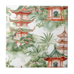 Watercolor Asian Pagoda in Verdant Landscape (3) Ceramic Tile