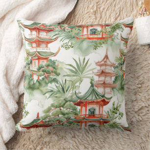 Watercolor Asian Pagoda in Verdant Landscape (3) Throw Pillow